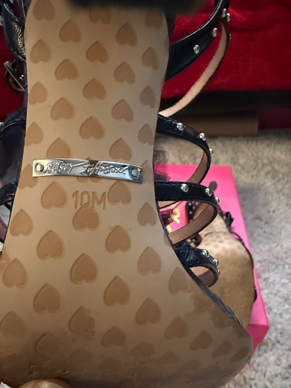 Betsey Johnson Abigail Black Tulle Leopard Insole Studded Strappy Sandals - Picture 6 of 8